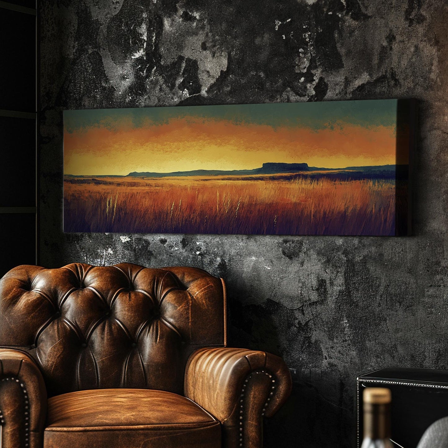 Sunset Prairie Canvas Art | Impasto Brushstroke Print | Mid Century Modern Wall Art For Living Room | Ochre and Ember Art Panoramic Wall Art