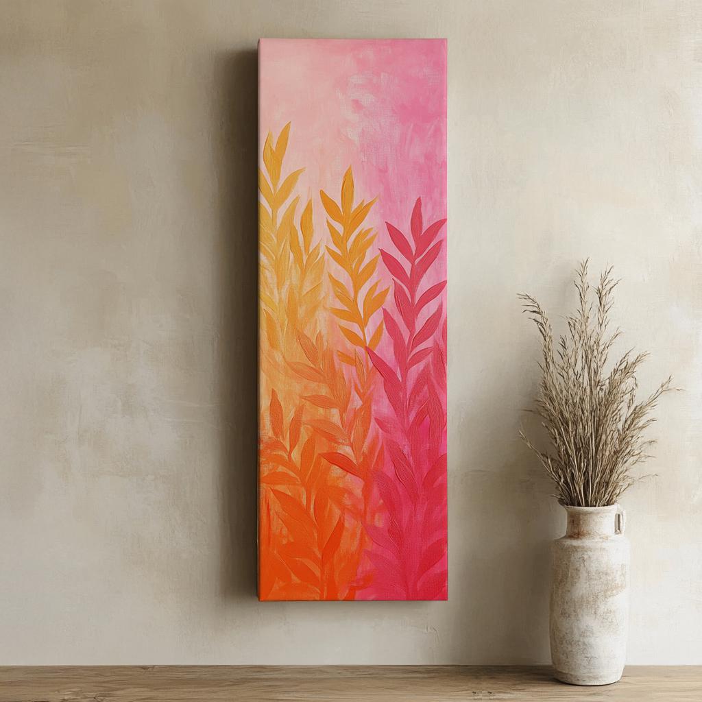 Sunset Palm Fronds Canvas Art | Impasto Print | Biophilic Wall Art For Living Room | Coral Apricot Art Long Vertical Art