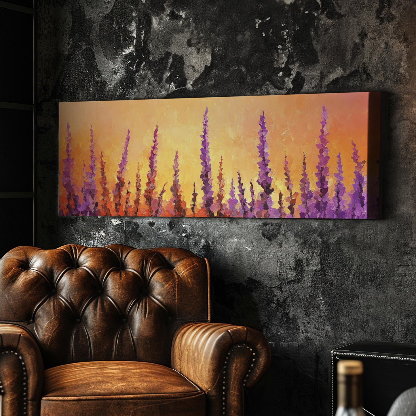 Sunset Lavender Field Canvas Art | Impasto Palette Knife Print | Bohemian Modern Wall Art For Living Room Panoramic Wall Art