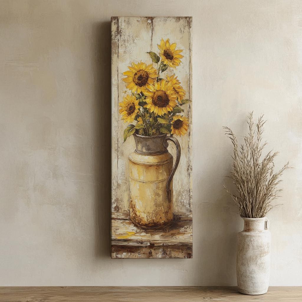 Sunflowers in Vintage Milk Can Canvas Art | Impasto Oil Print | French Country Wall Art For Dining Room Long Vertical Art