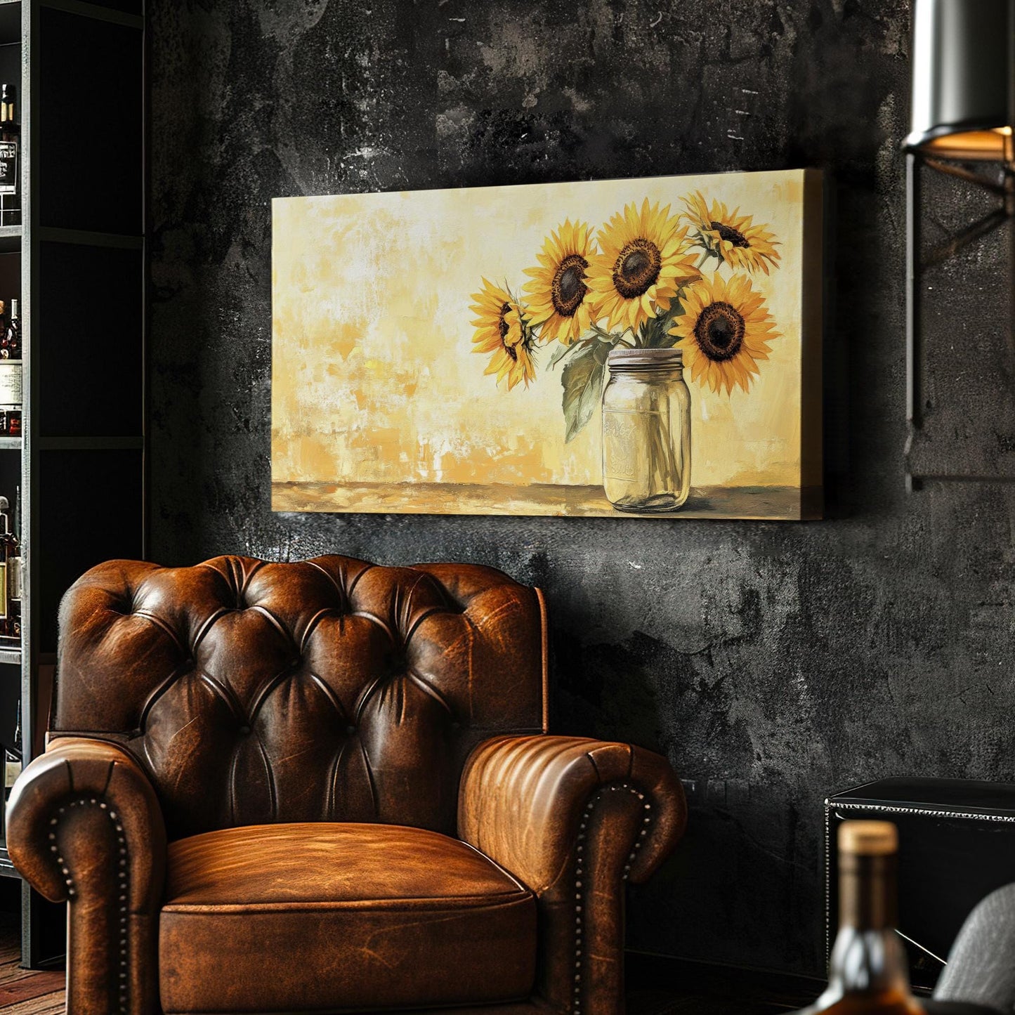 Sunflowers in Mason Jar Canvas Art | Impasto Oil Print | French Country Wall Art For Living Room | Honeycomb Yellow Art Horizontal Art