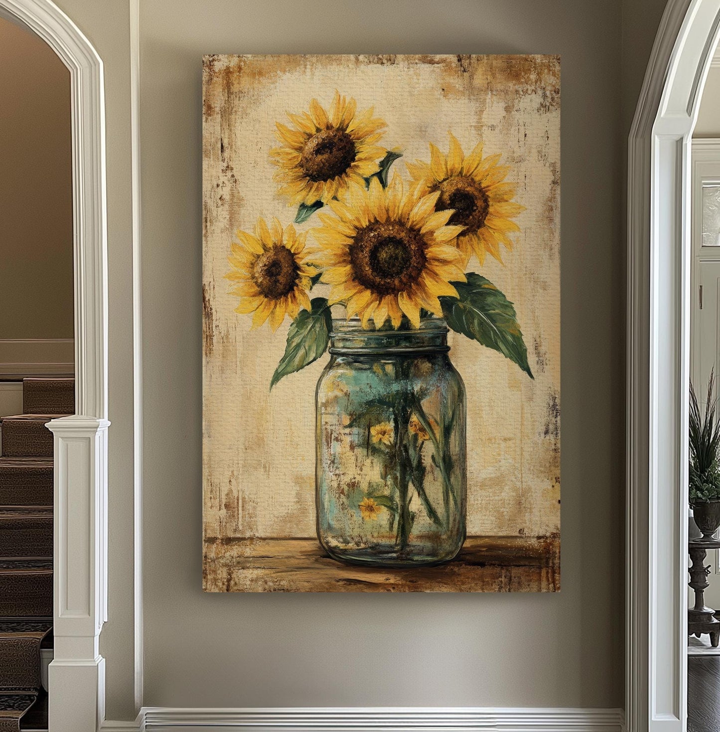 Sunflowers in Mason Jar Canvas Art | Impasto Oil Print | Bohemian Farmhouse Wall Art For Living Room | Honeycomb Wheat Art Vertical Canvas