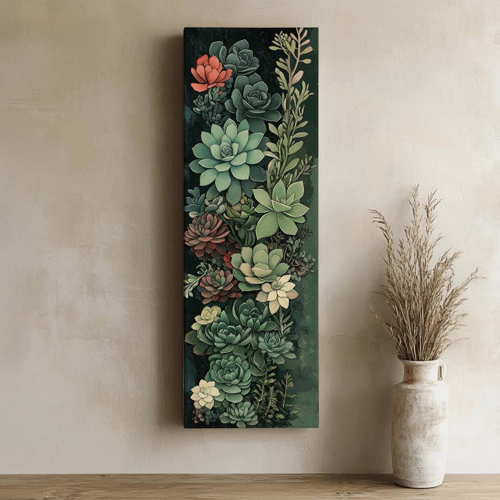 Succulent Botanical Canvas Art | Impasto Print | Bohemian Wall Art For Living Room | Sage Green Art Long Vertical Art