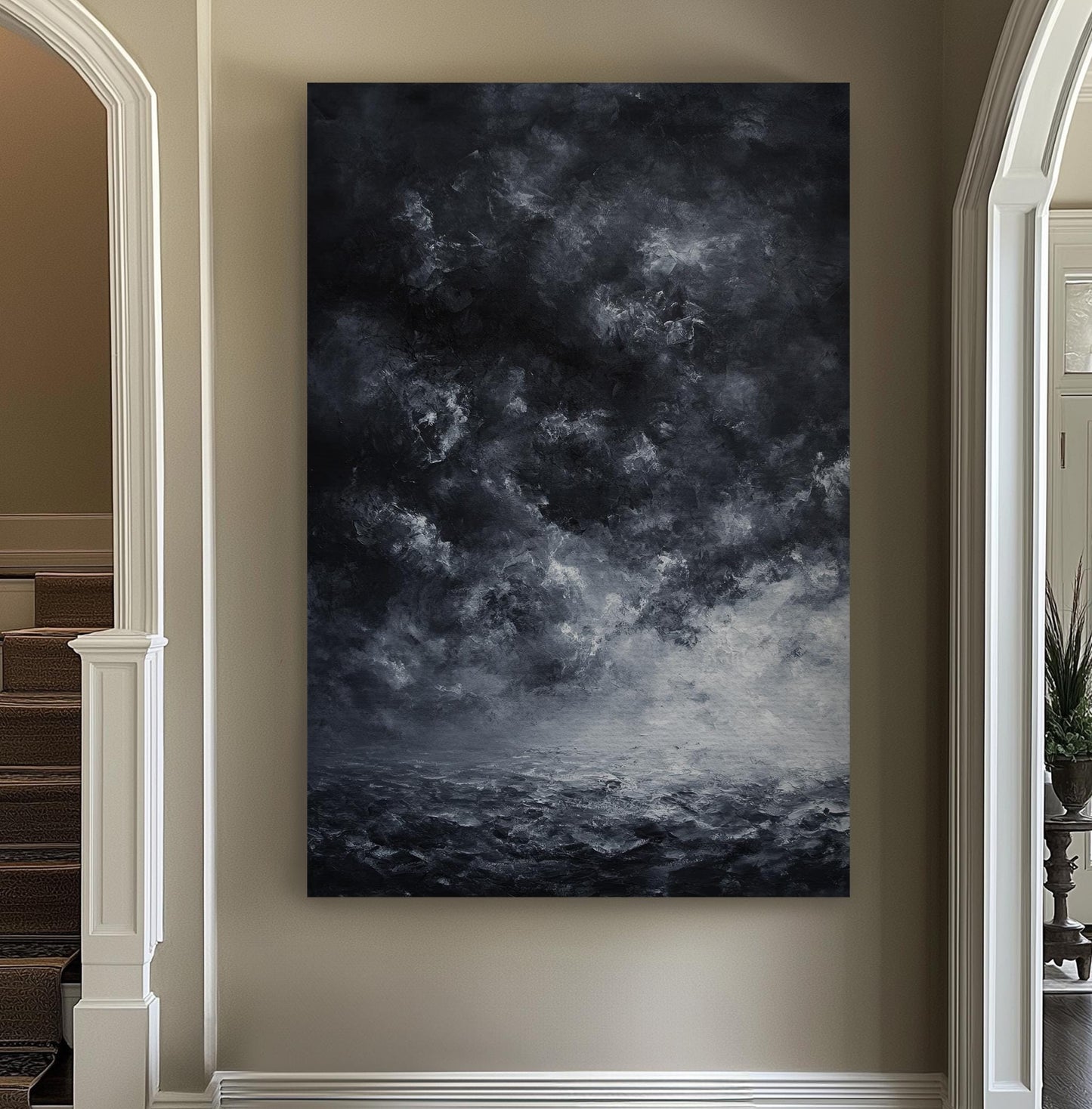 Stormy Seascape Canvas Art | Impasto Textural Print | Coastal Modern Wall Art For Living Room | Charcoal Gray Art Vertical Canvas