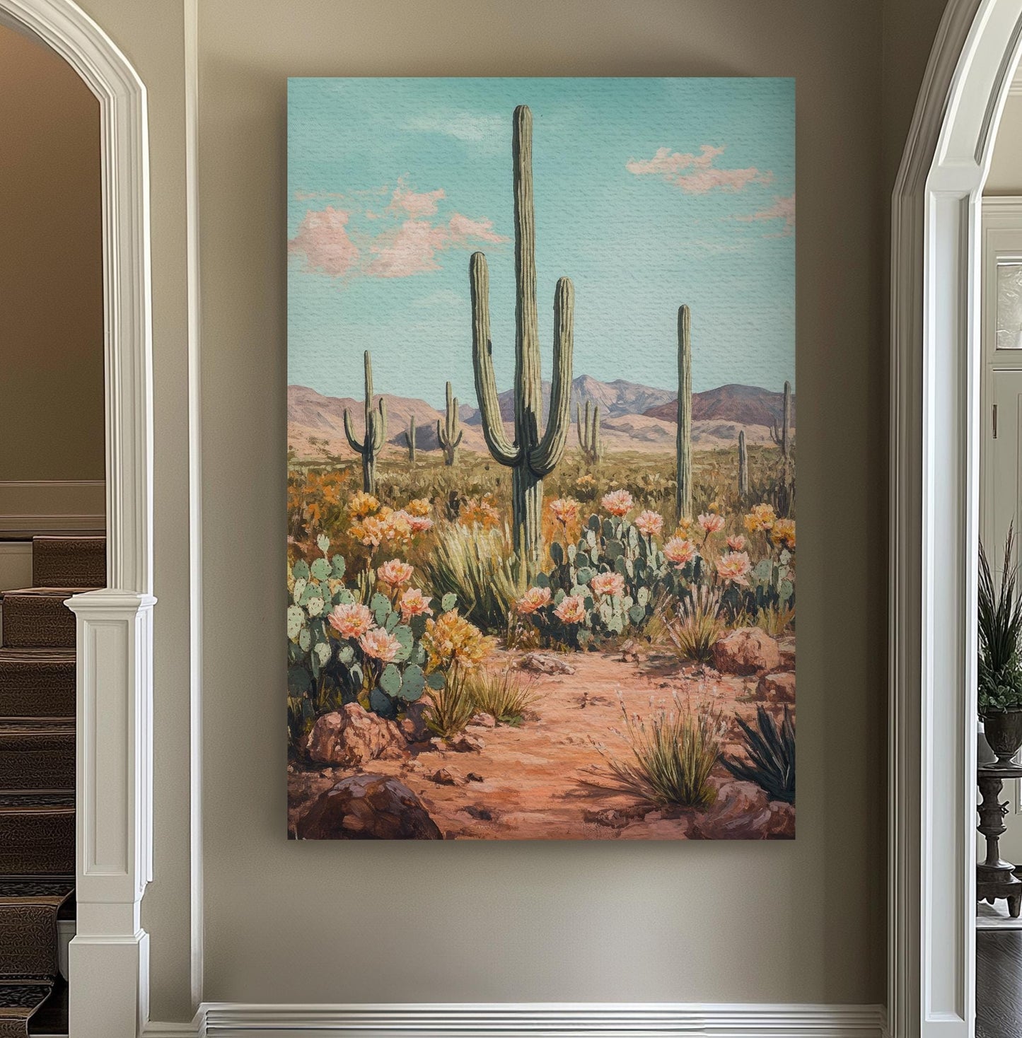 Sonoran Desert Cactus | Impasto Print | Mid Century Modern Wall Art For Living Room | Apricot Blush Art | Desert Oasis Decor Vertical Canvas