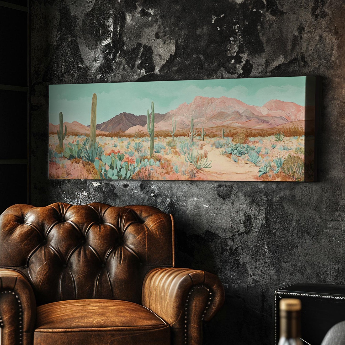 Sonoran Desert Cactus Canvas Art | Impasto Print | Bohemian Wall Art For Living Room | Rose Quartz Seafoam Art Panoramic Wall Art