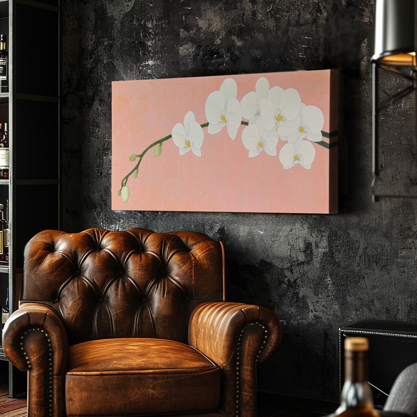 Serene Orchid Branch Canvas Art | Botanical Line Art Print | Japandi Wall Art For Above Couch | Blush Pink Art Horizontal Art