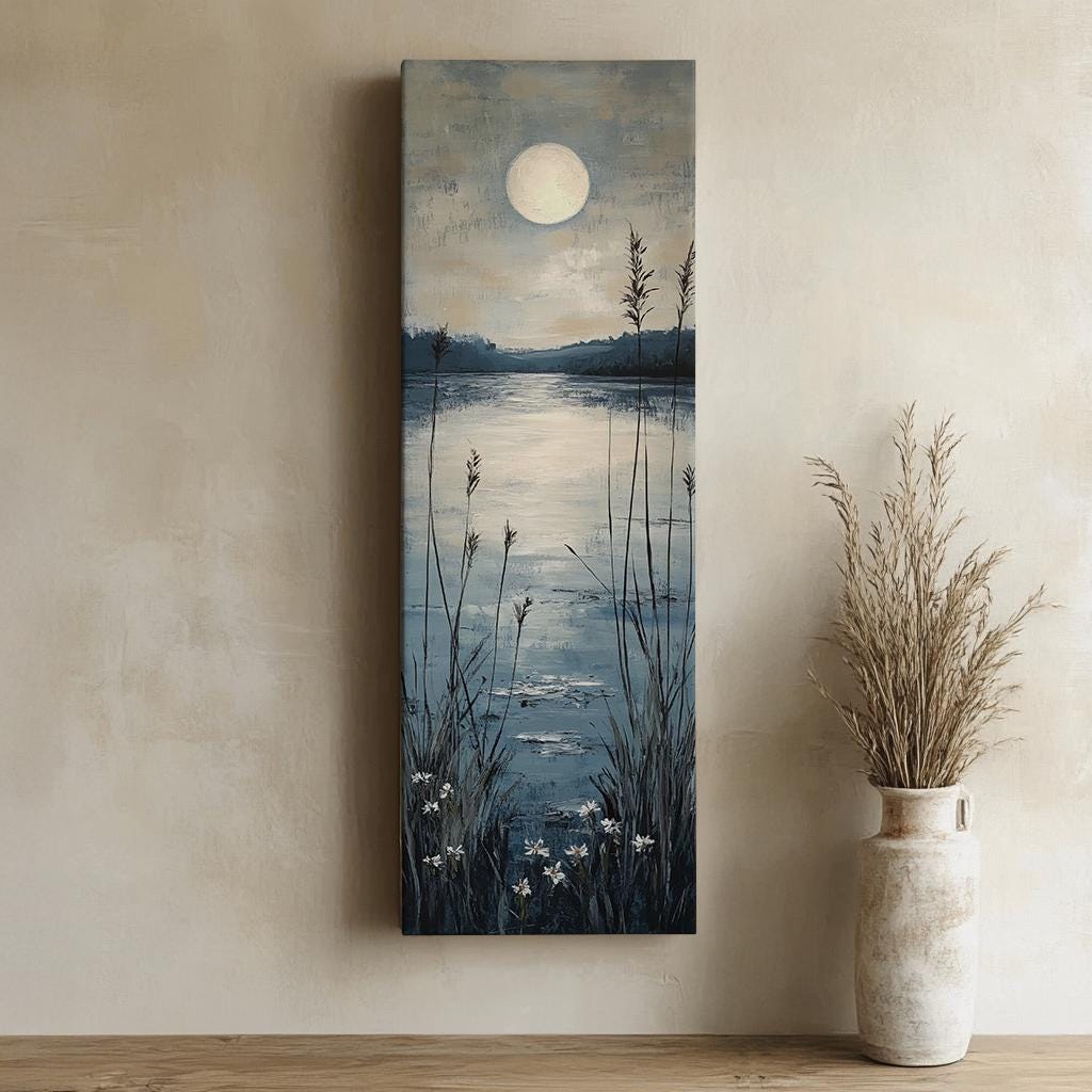 Serene Moonlit Marsh Canvas Art | Impasto Textural Print | Tranquil Coastal Wall Art For Bedroom | Silver Linen Washed Art Long Vertical Art