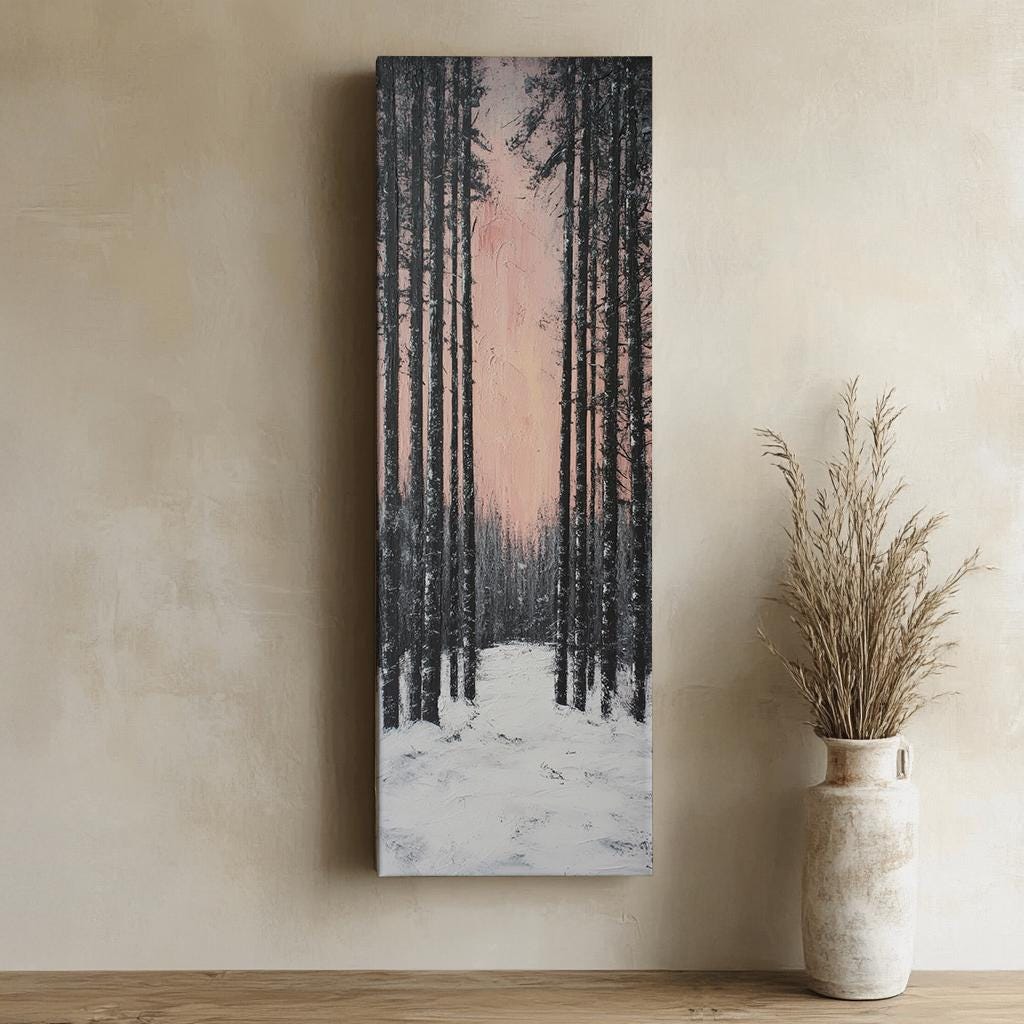 Winter Birch Forest Canvas Art | Impasto Print | Minimalist Wall Art For Living Room | Blush Pink Charcoal Art Long Vertical Art