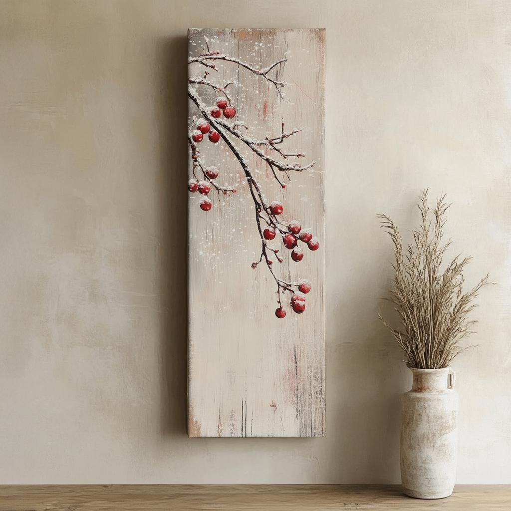 Winter Berries Snowfall Canvas Art | Impasto Print | Bohemian Wall Art For Living Room | Creamy Oyster Art Long Vertical Art