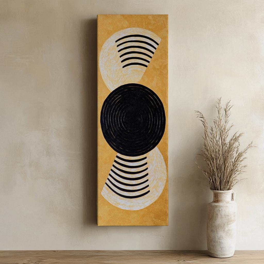 Optic Art Canvas Art | Concentric Circles Print | Mid Century Modern Wall Art For Living Room | Champagne Gold Art Long Vertical Art
