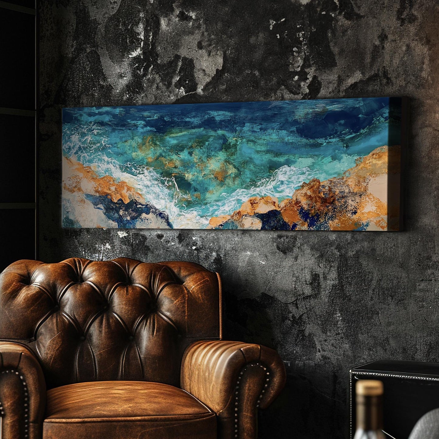 Ocean Shore Canvas Art | Impasto Textural Print | Coastal Bohemian Wall Art For Living Room | Serene Teal Sand Art Panoramic Wall Art