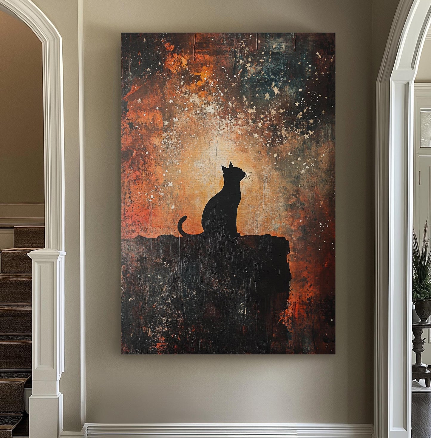 Night Watch Cat Canvas Art | Impasto Texture Print | Bohemian Wall Art For Living Room | Ember Glow Art Vertical Canvas