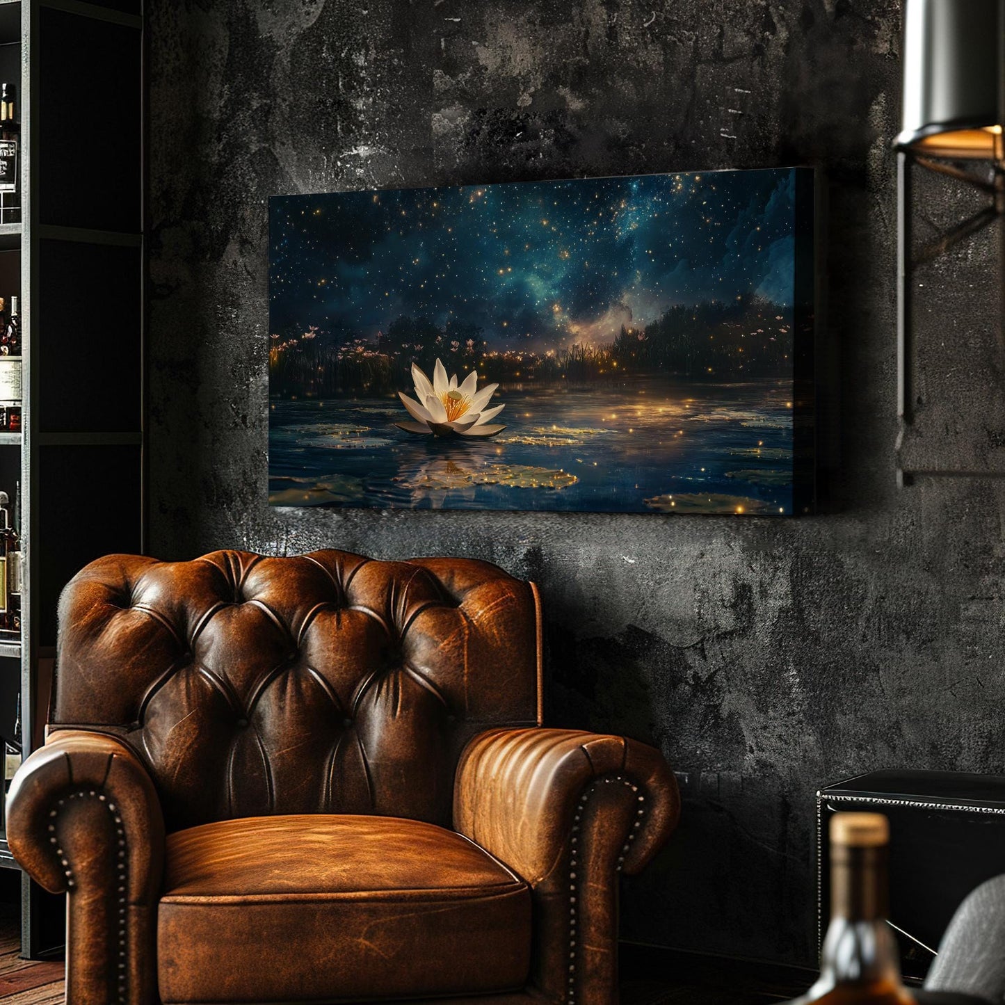 Night Blooming Lotus Canvas Art | Firefly Fantasy Print | Zen Minimalist Wall Art For Bedroom | Celestial Twilight Art Horizontal Art