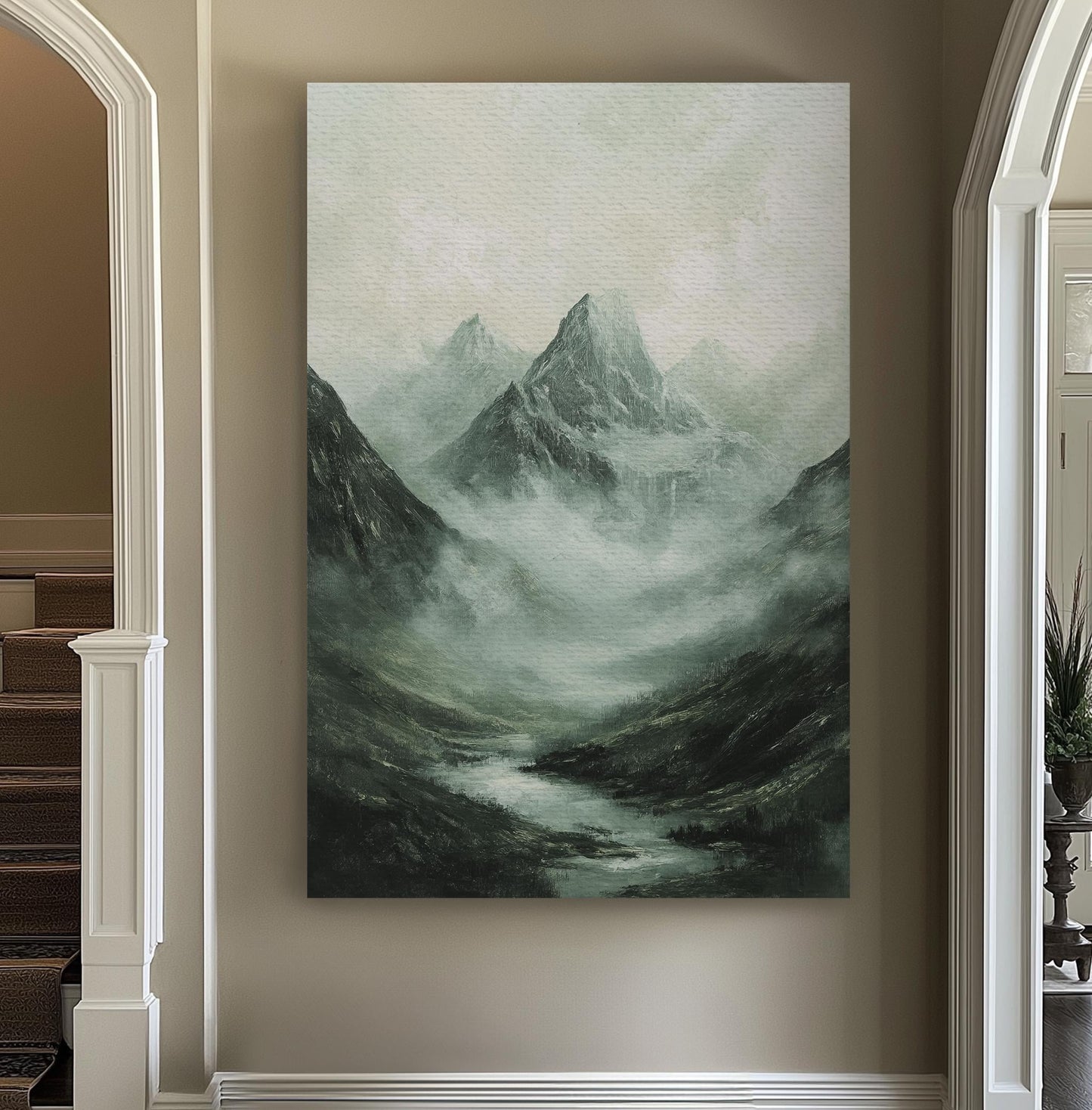 Misty Mountain Majesty Canvas Art | Impasto Impressionism Print | Tranquil Zen Wall Art For Living Room Vertical Canvas