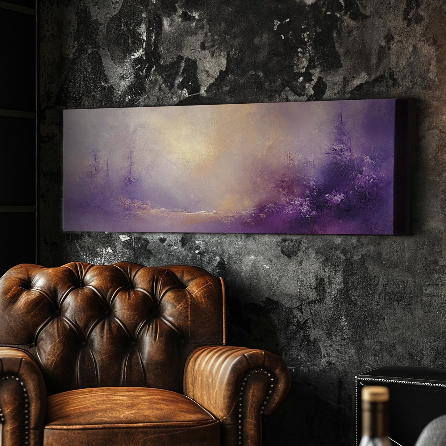 Misty Forest Canvas Art | Impasto Print | Bohemian Wall Art For Living Room | Amethyst Dusk Art | Tranquil Decor Panoramic Wall Art