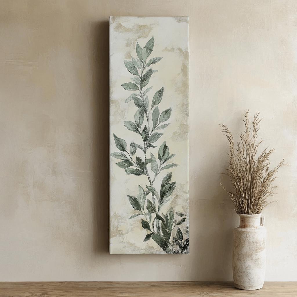 Serene Greenery Canvas Art | Impasto Botanical Print | Tranquil Spa Wall Art For Living Room | Sage Green and Oyster Art Long Vertical Art