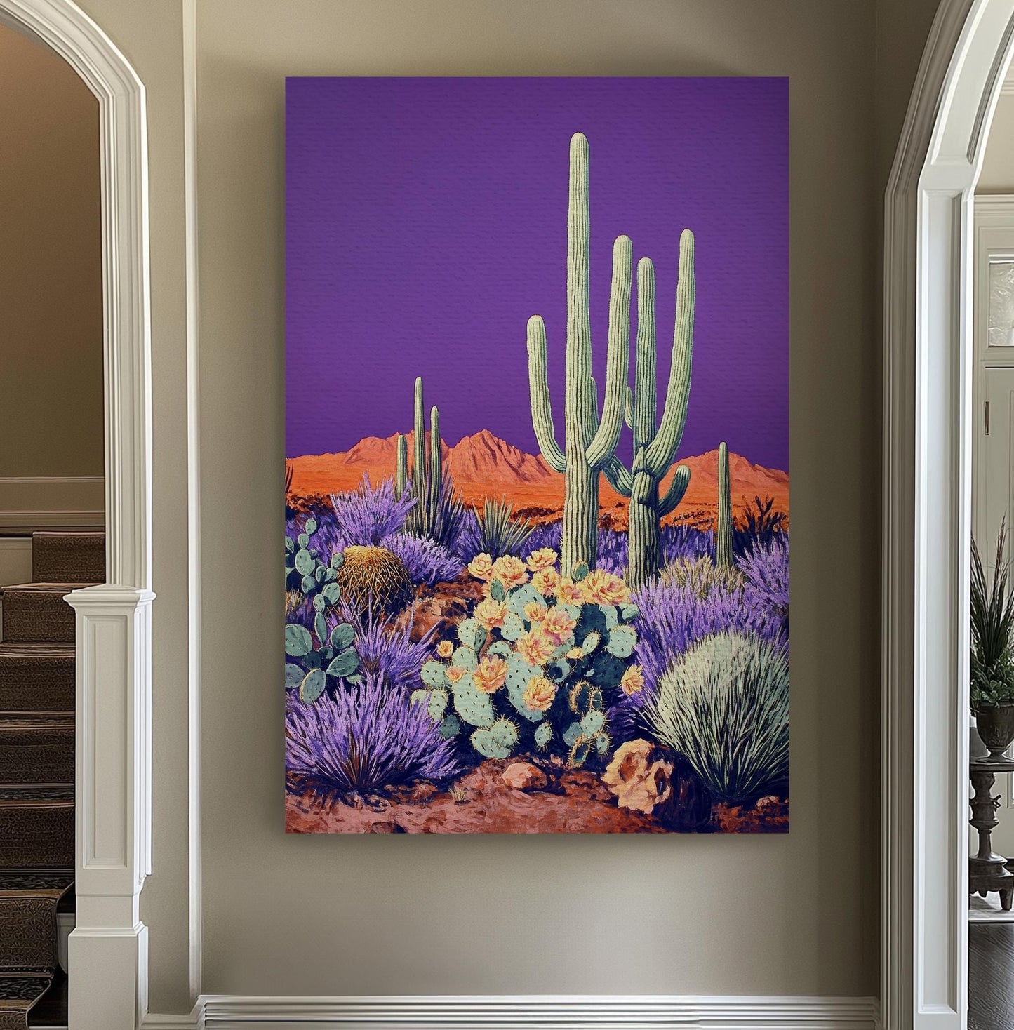 Saguaro Cactus Canvas Art | Mid Century Modern Print | Bohemian Wall Art For Living Room | Amethyst Sunset Art Vertical Canvas