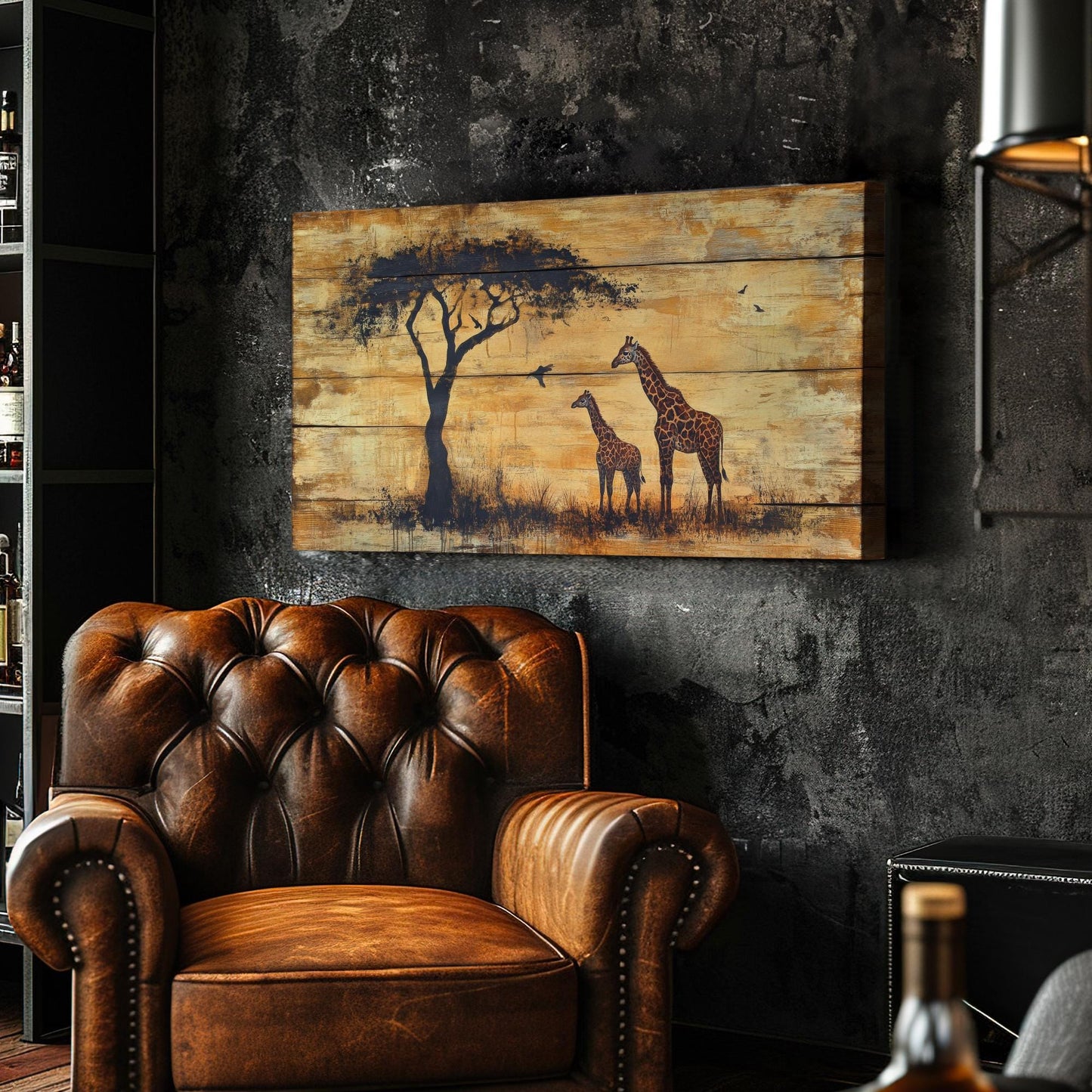 Safari Giraffe Canvas Art | Silhouette Texture Print | Bohemian Wall Art For Living Room | Honeycomb Sable Art Horizontal Art