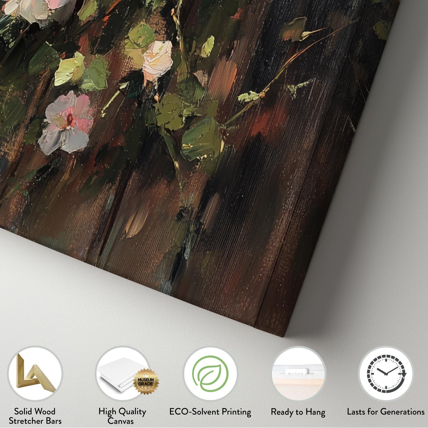 Romantic Rose Garden Fence Canvas Art | Impasto Oil Painting Print | Bohemian Wall Art For Living Room Square Canvas Art