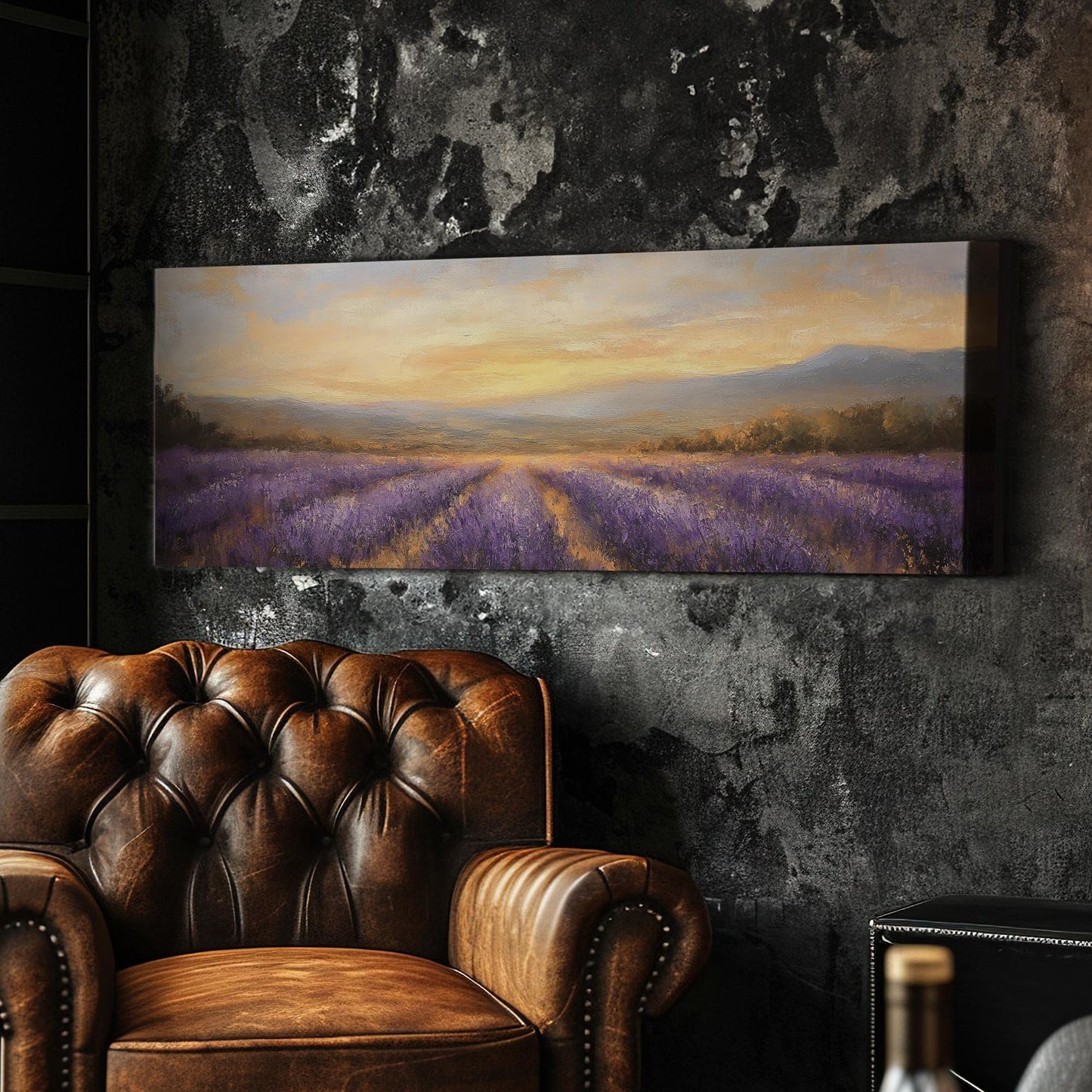 Provence Lavender Sunset Canvas Art | Impressionistic Impasto Print | Bohemian Wall Art For Living Room Panoramic Wall Art