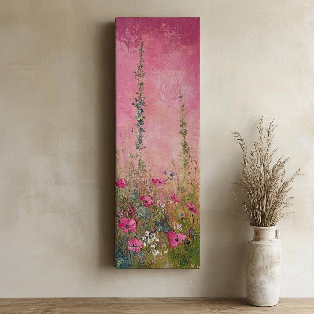 Pink Poppy Field Canvas Art | Impasto Floral Print | Bohemian Wall Art For Living Room | Rose Quartz Art Long Vertical Art