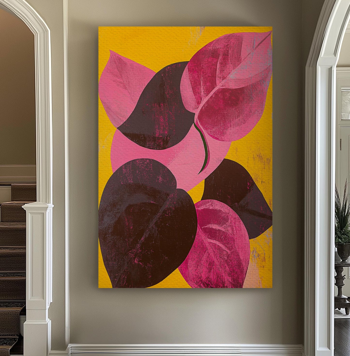 Pink Philodendron Leaf Canvas Art | Impasto Print | Biophilic Wall Art For Living Room | Sunset Saffron Art Vertical Canvas