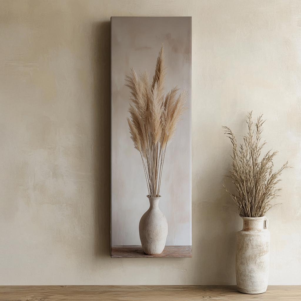 Pampas Grass Canvas Art | Minimalist Botanical Line Print | Japandi Wall Art For Living Room | Seashell Beige Art Long Vertical Art