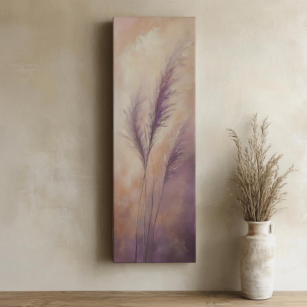 Pampas Grass Canvas Art | Impasto Textured Print | Bohemian Wall Art For Living Room | Mauve and Blush Art Long Vertical Art