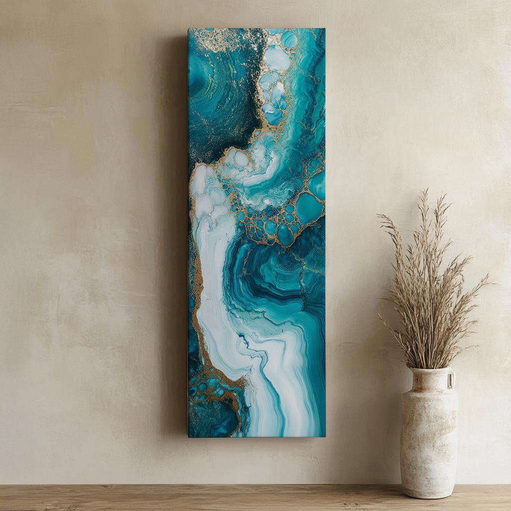 Oceanic Dreamscape Canvas Art | Alcohol Ink Print | Biophilic Wall Art For Living Room | Serene Teal Champagne Gold Art Long Vertical Art