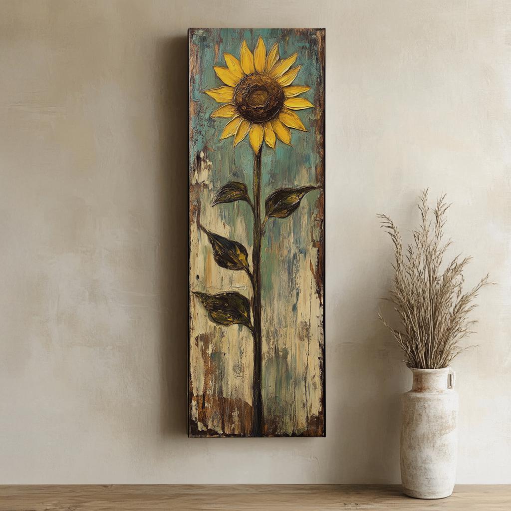 Solemn Sunflower Canvas Art | Impasto Oil Print | Bohemian Wall Art For Living Room | Sagebrush Green Art Long Vertical Art