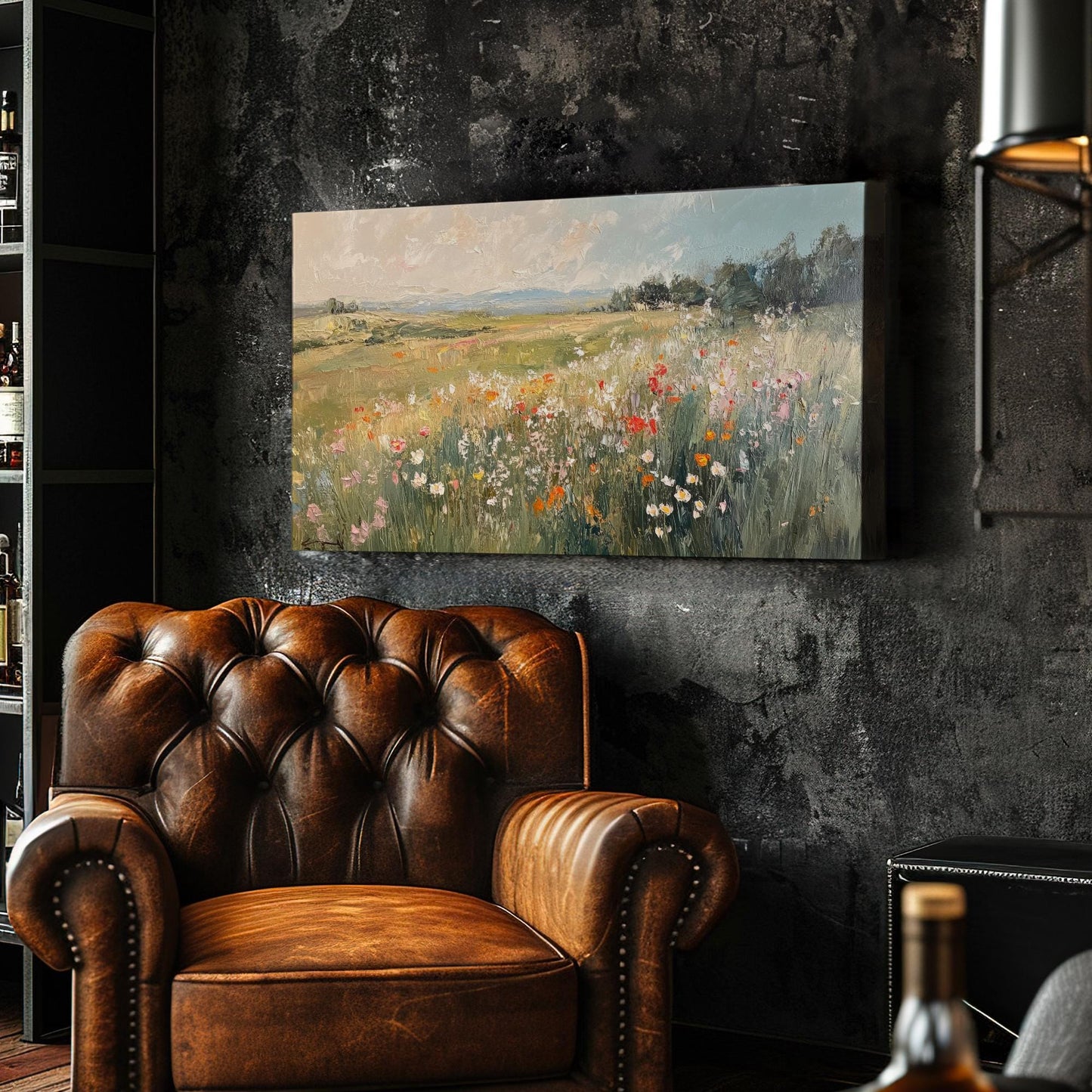 Serene Wildflower Meadow Canvas Art | Impasto Oil Print | Tranquil Farmhouse Wall Art For Living Room | Earthy Blush Art Horizontal Art
