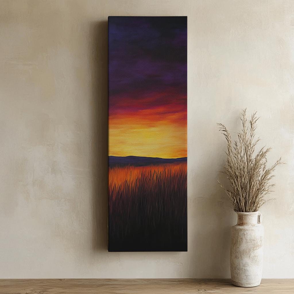 Serene Sunset Meadow Canvas Art | Impasto Brushstroke Print | Bohemian Wall Art For Living Room | Amber Sunset Art Long Vertical Art