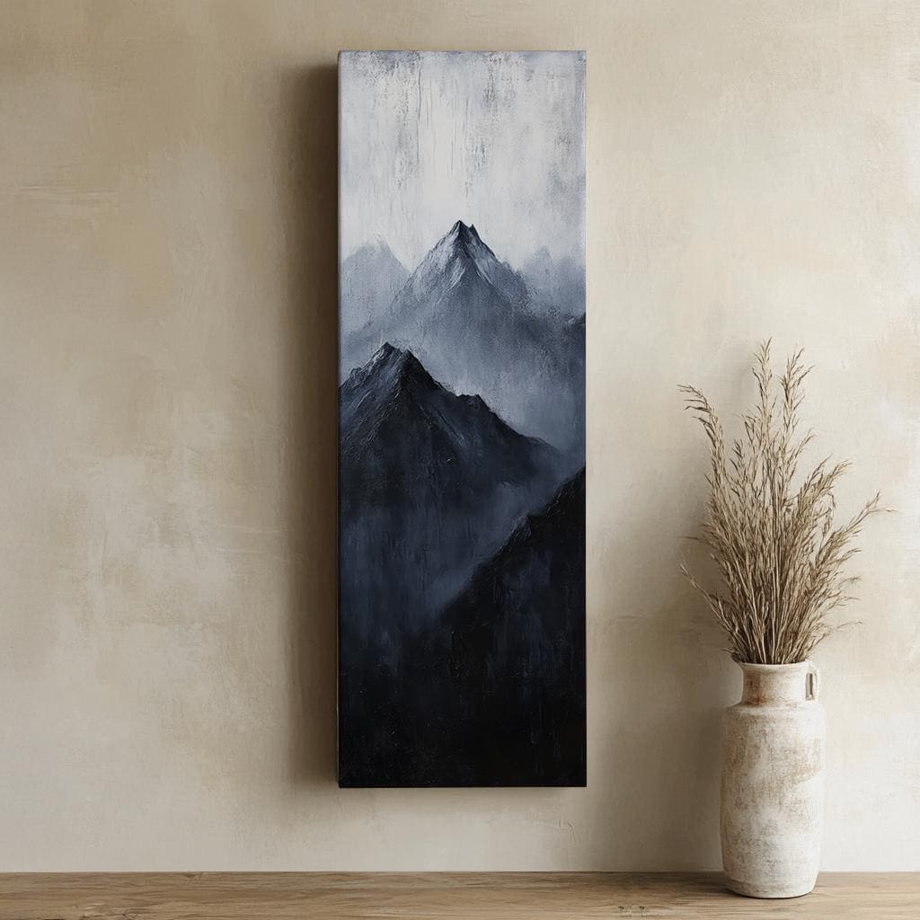 Serene Summits Canvas Art | Impasto Mountain Print | Japandi Wall Art For Living Room | Charcoal Gray Art Long Vertical Art