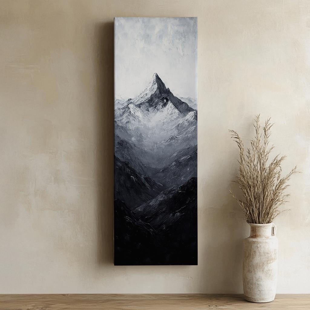 Serene Summit Canvas Art | Impasto Palette Knife Print | Juxtaposition Wall Art For Living Room Long Vertical Art