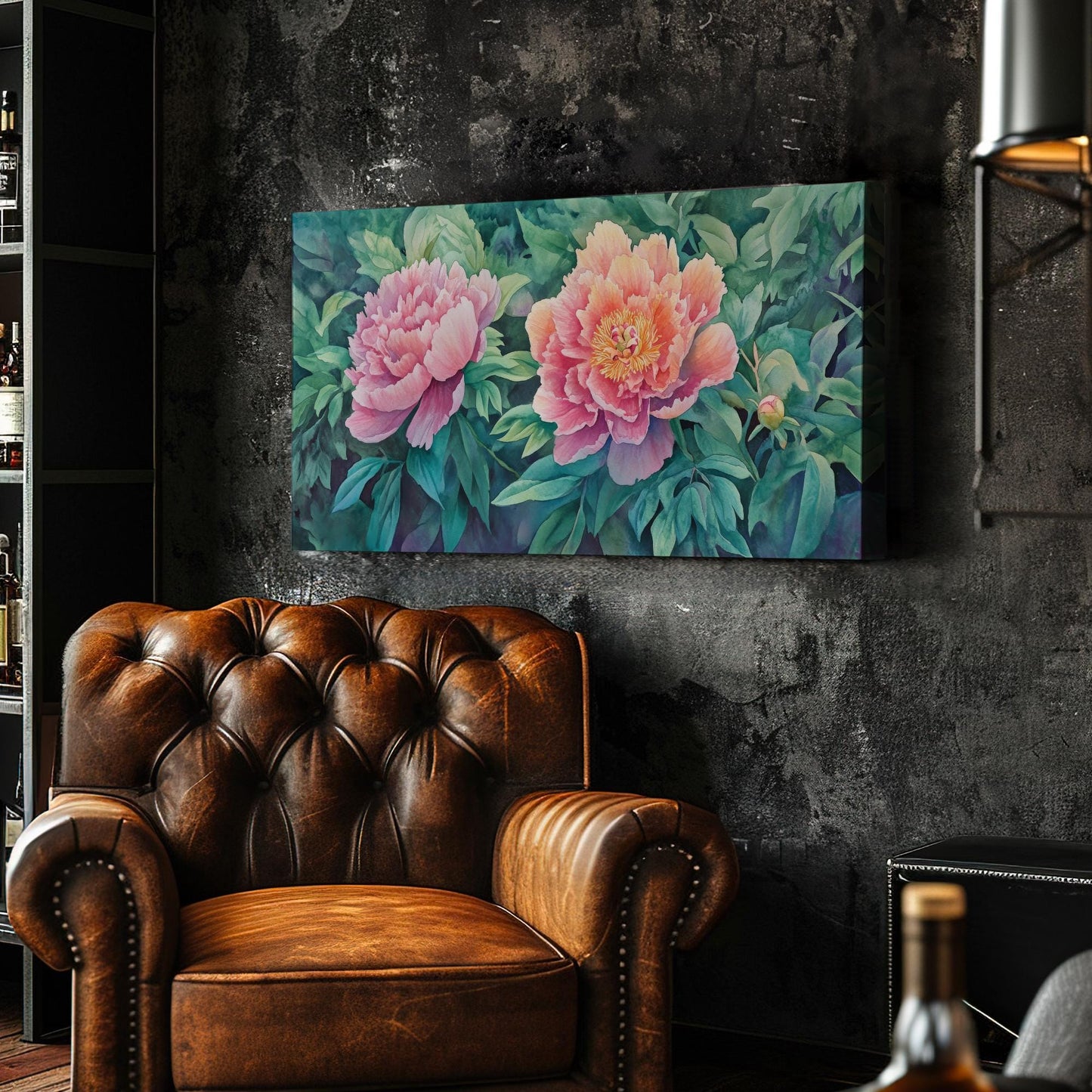 Serene Peonies Canvas Art | Watercolor Botanical Print | Bohemian Modern Wall Art For Living Room | Blush Pink Jade Art Horizontal Art
