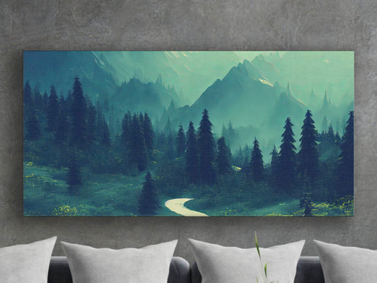 Foggy Forest Mountains Landscape Canvas Wall Art, Framed Canvas Wall Print, Wrapped Canvas Wall Art, Abstract Wall Art