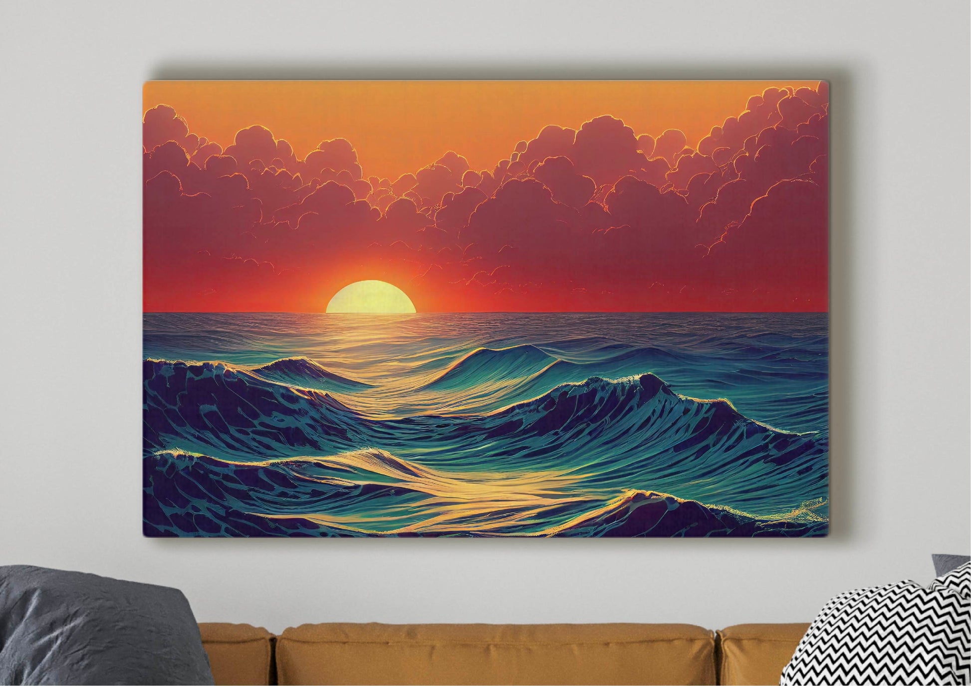 Sunset At The Ocean Painting Canvas Art Print, Bedroom Canvas Wall Art, Wrapped Canvas Wall Art, Abstract Wall Art