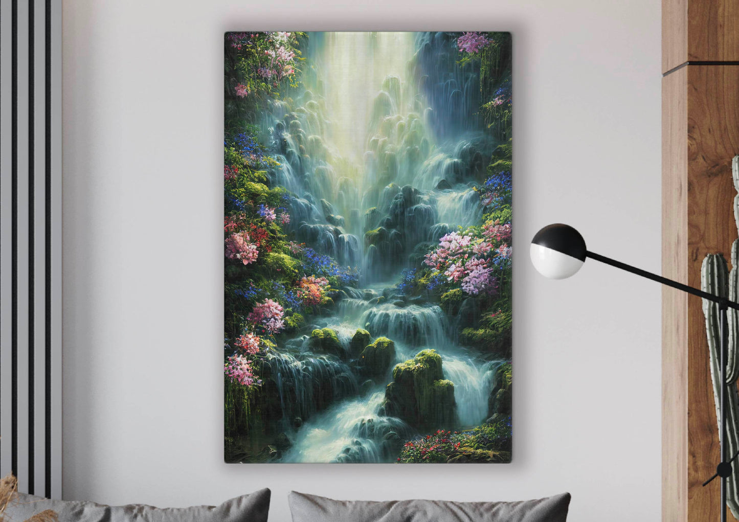 Waterfall With Blossoming Flovers Canvas Art Print, Bedroom Canvas Wall Art, Wrapped Canvas Wall Art, Abstract Wall Art