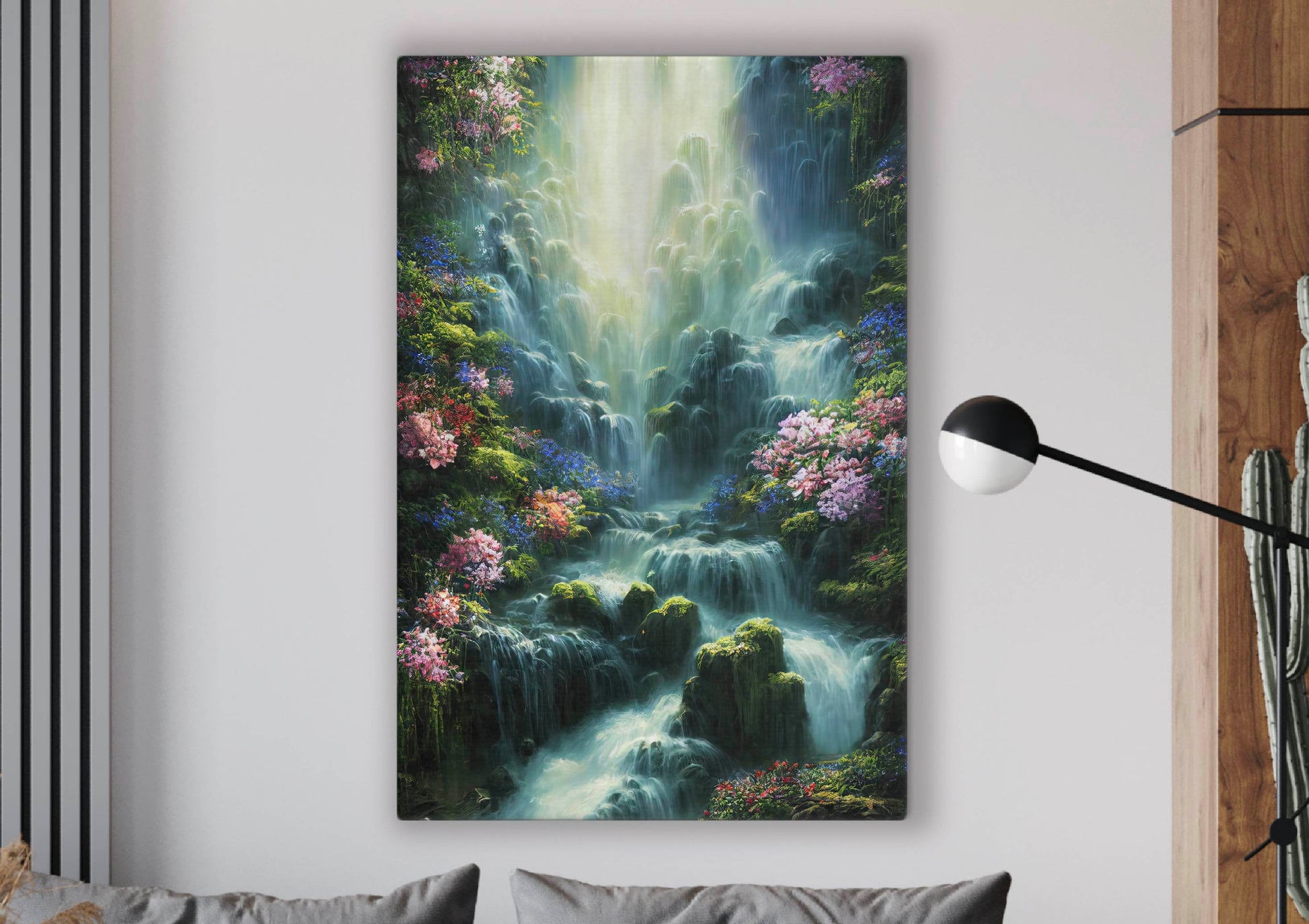 Waterfall With Blossoming Flovers Canvas Art Print, Bedroom Canvas Wall Art, Wrapped Canvas Wall Art, Abstract Wall Art