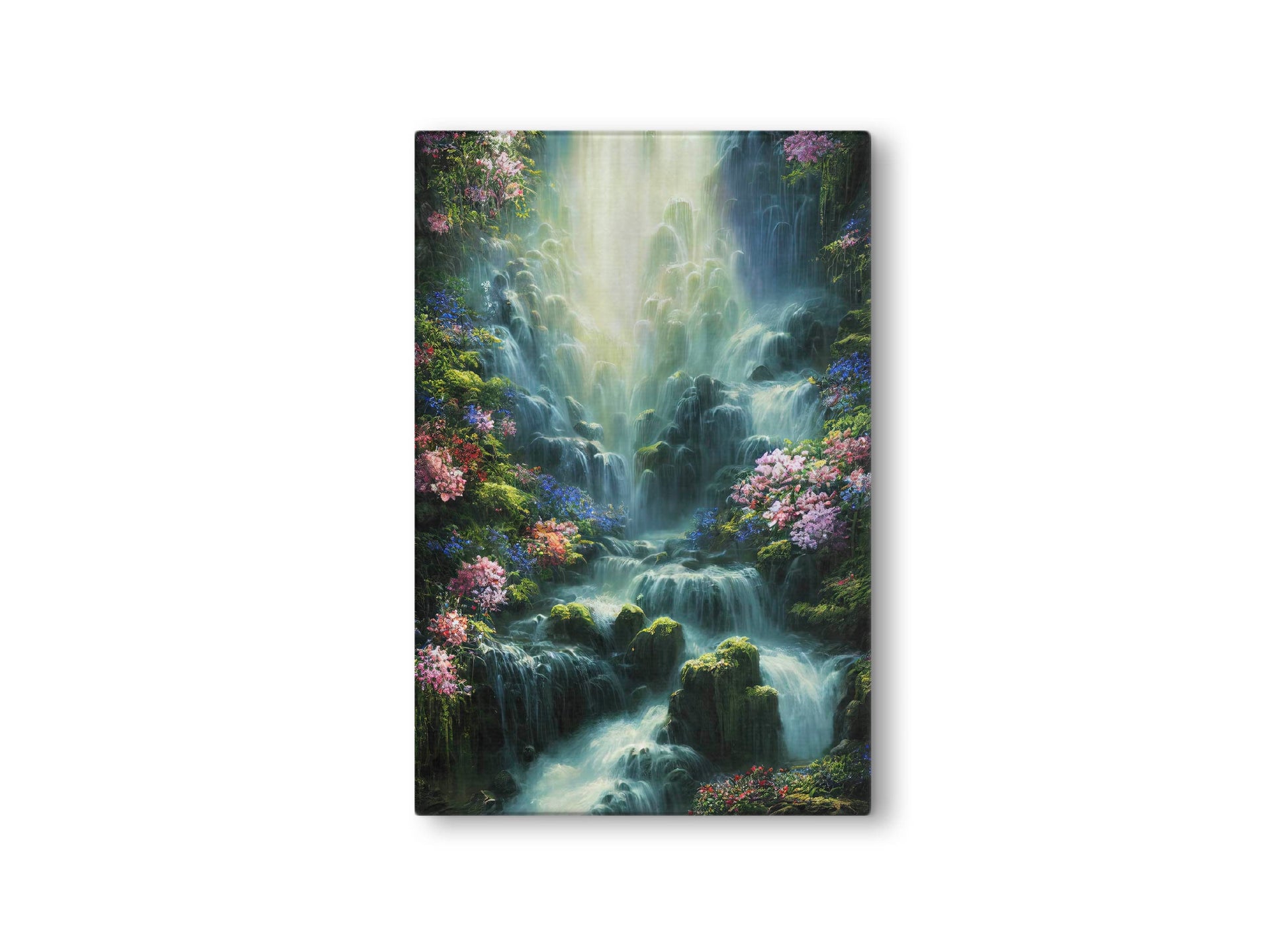 Waterfall With Blossoming Flovers Canvas Art Print, Bedroom Canvas Wall Art, Wrapped Canvas Wall Art, Abstract Wall Art