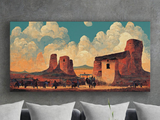 Wild West City In The Desert Landscape Canvas Wall Art, Framed Canvas Wall Print, Wrapped Canvas Wall Art, Abstract Wall Art