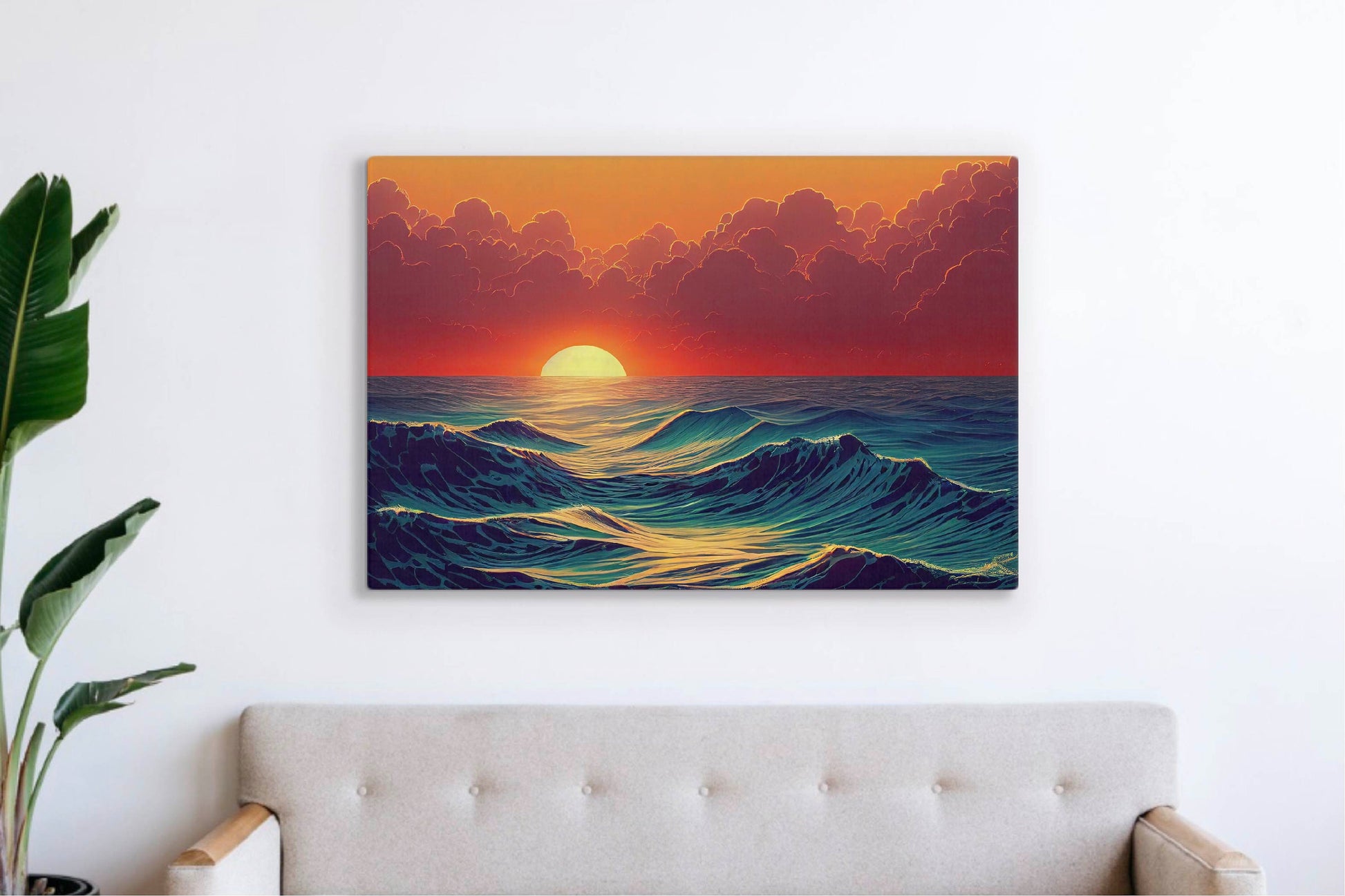 Sunset At The Ocean Painting Canvas Art Print, Bedroom Canvas Wall Art, Wrapped Canvas Wall Art, Abstract Wall Art