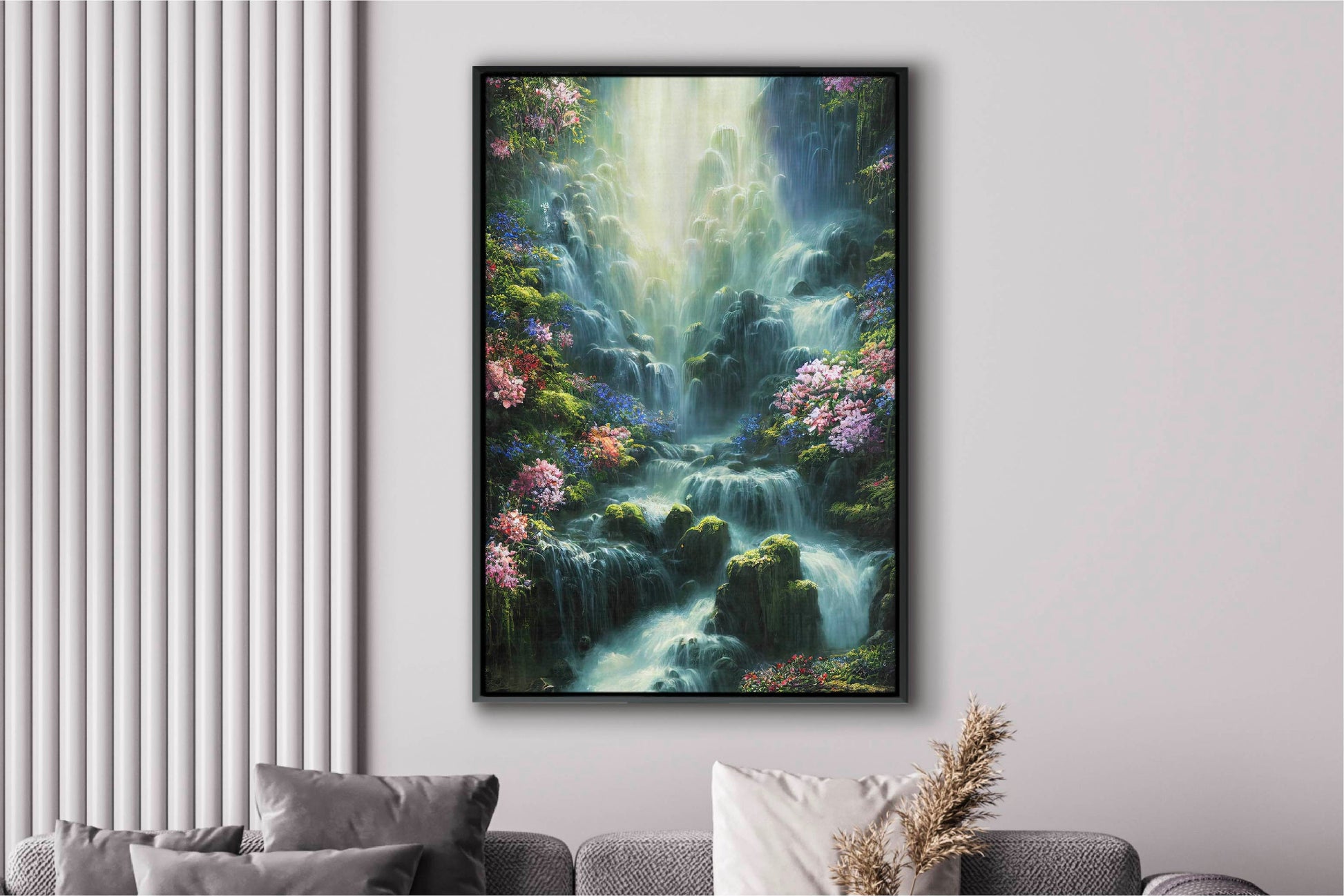 Waterfall With Blossoming Flovers Canvas Art Print, Bedroom Canvas Wall Art, Wrapped Canvas Wall Art, Abstract Wall Art