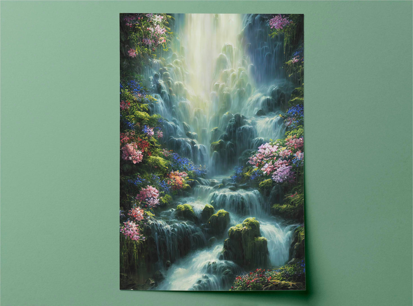 Waterfall With Blossoming Flovers Canvas Art Print, Bedroom Canvas Wall Art, Wrapped Canvas Wall Art, Abstract Wall Art