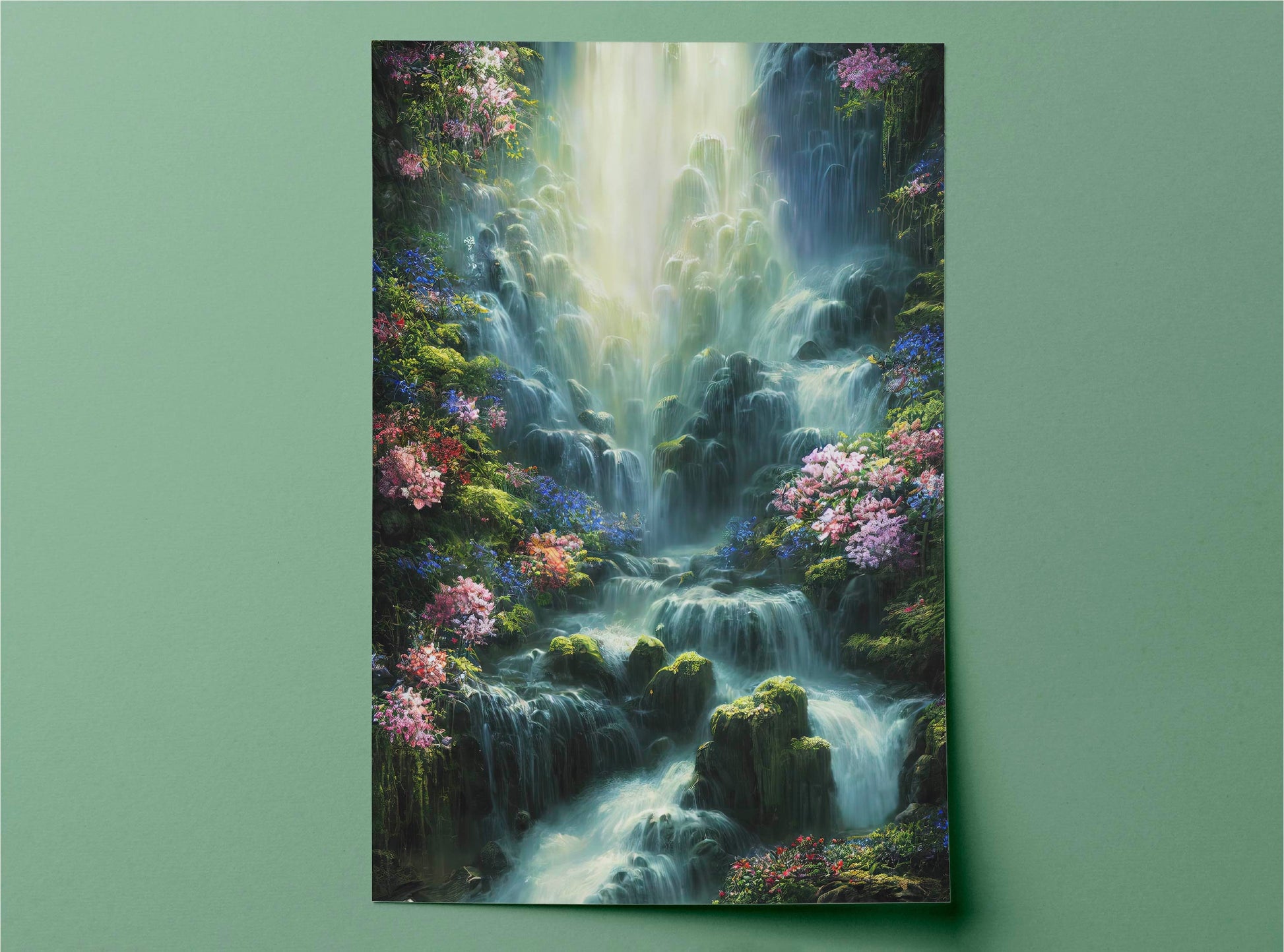 Waterfall With Blossoming Flovers Canvas Art Print, Bedroom Canvas Wall Art, Wrapped Canvas Wall Art, Abstract Wall Art