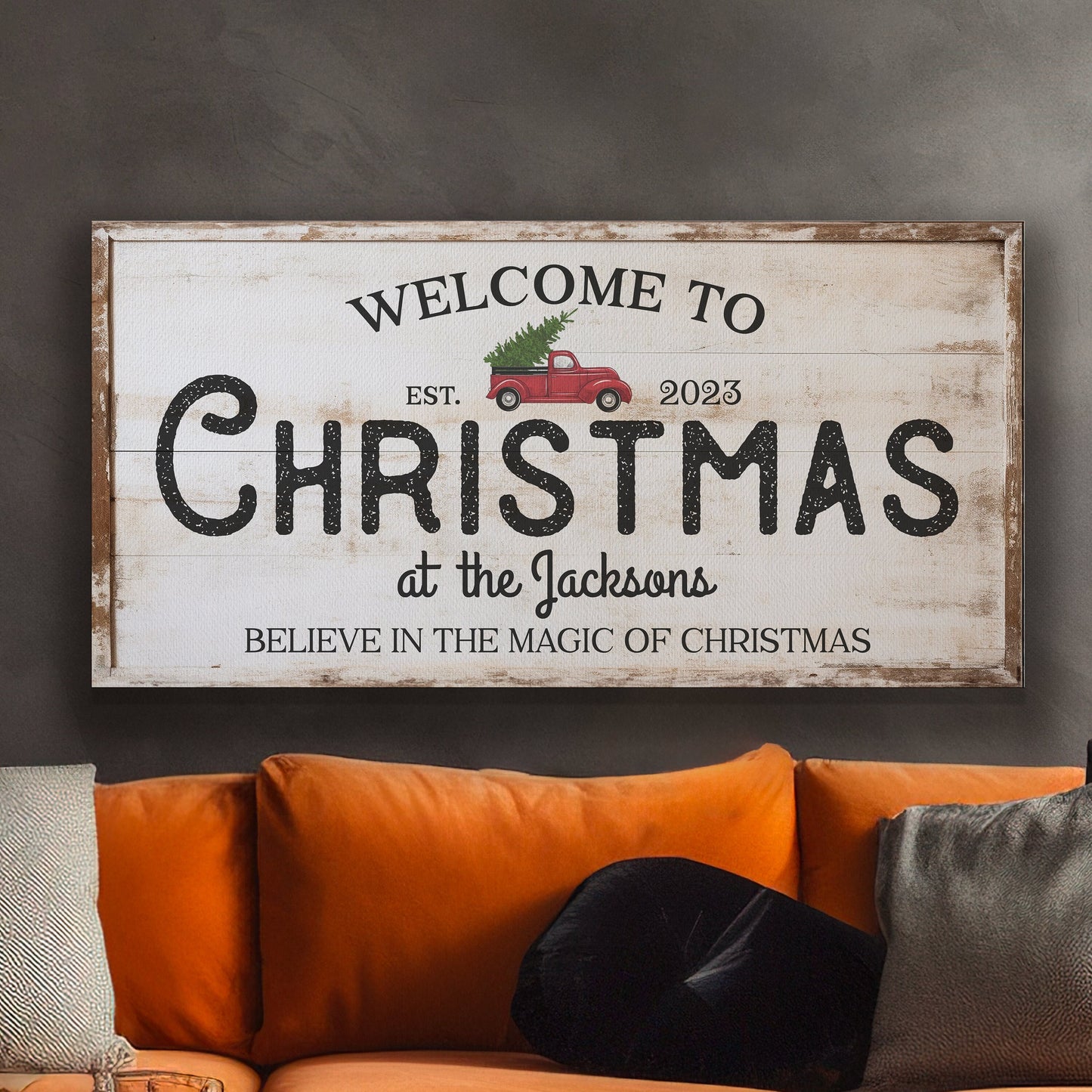 Welcome to Christmas At the Sign Custom Family Name Old Fashioned Farmhouse Christmas Personalised Rustic Santa Christmas Decor Canvas Art
