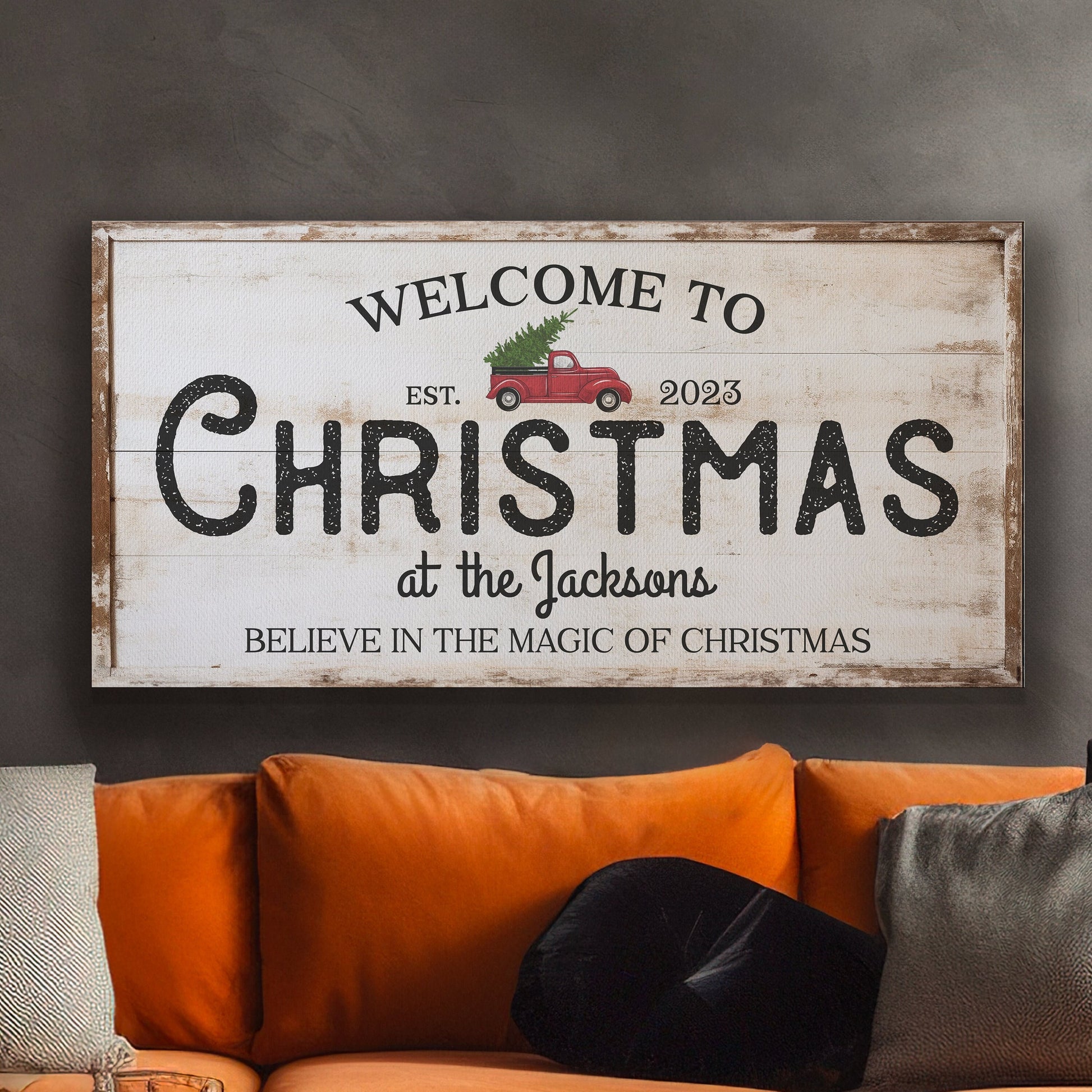 Welcome to Christmas At the Sign Custom Family Name Old Fashioned Farmhouse Christmas Personalised Rustic Santa Christmas Decor Canvas Art