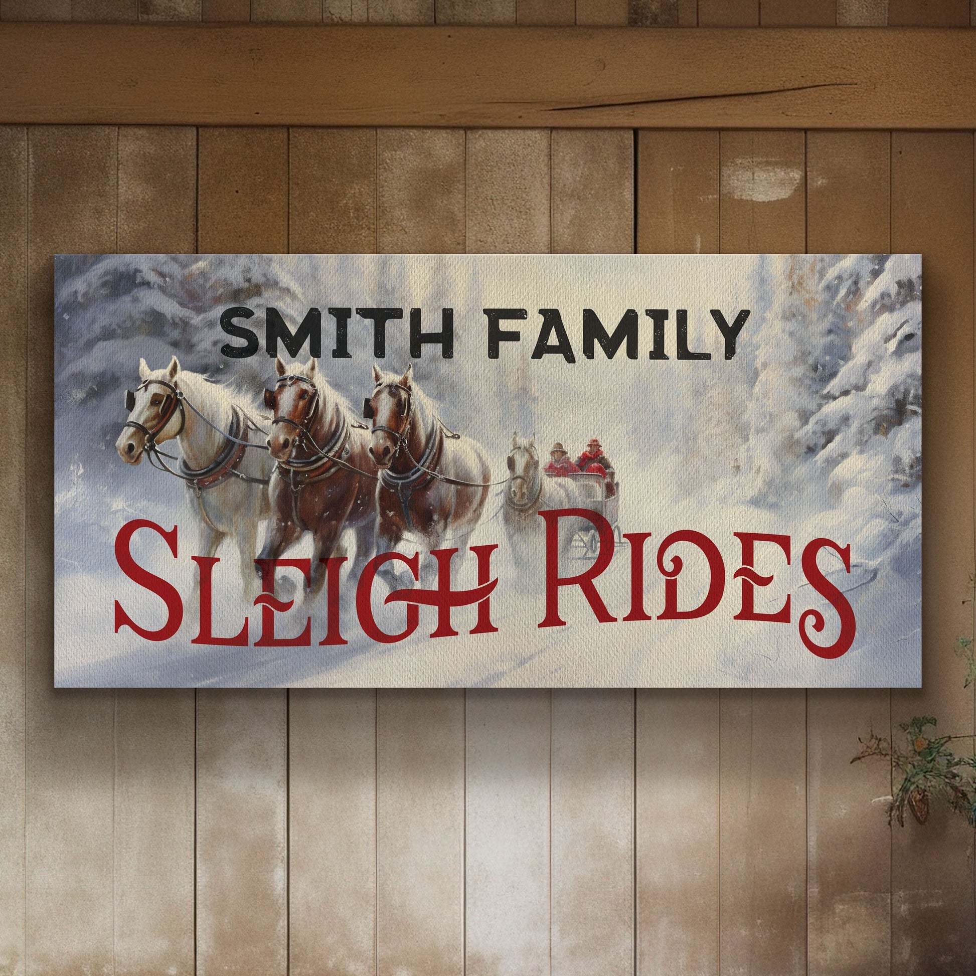 Sleigh Rides Sign Custom Family Name Old Fashioned Farmhouse Christmas Personalised Rustic Santa Christmas Decor Canvas Art