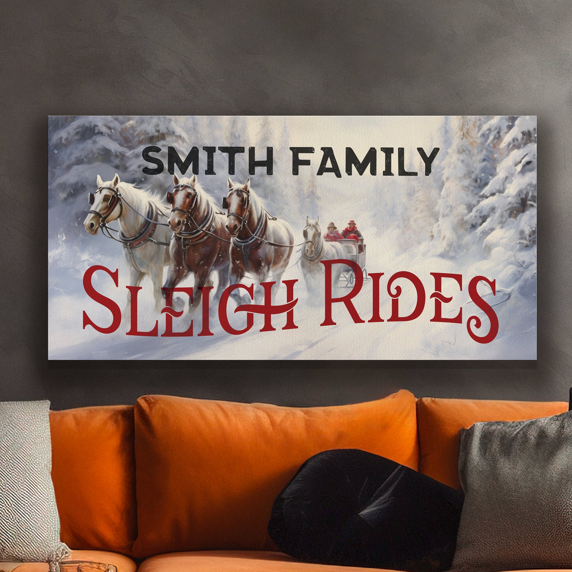 Sleigh Rides Sign Custom Family Name Old Fashioned Farmhouse Christmas Personalised Rustic Santa Christmas Decor Canvas Art